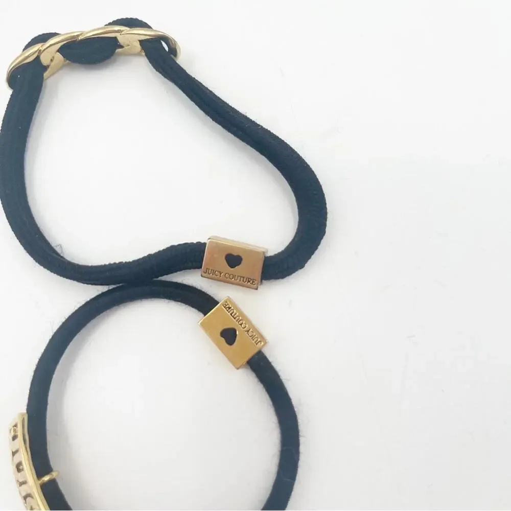 JUICY COUTURE Hair Ties Set of 2 Y2K 2000s Gold Black Logo Elastic Bands *FLAWS
